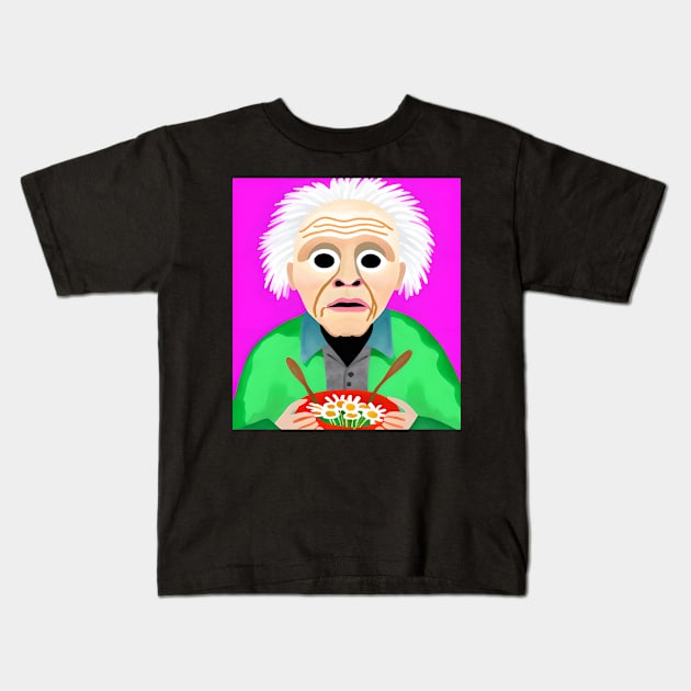 ai generated aging old man eating daisies Kids T-Shirt by Catbrat